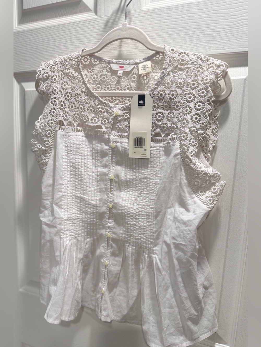 NWT Levi’s White Lace Crochet Blouse Medium Boho Cottagecore Eyelet Cotton Top - Picture 3 of 11